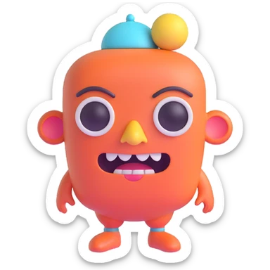 Discord role icon for a psychiatric clinic, 3D style, color #6fe8f3, patient character with oversized head, tiny body, strange accessories like rubber chicken or spinning hat, goofy surreal face sticker