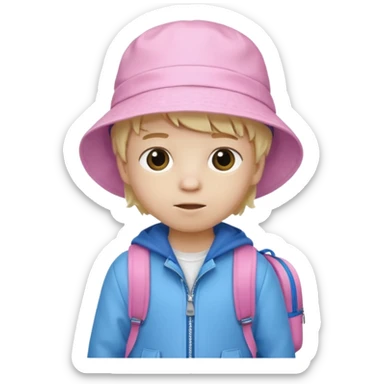 A little boy student white skin, blonde hair, with pink bucket hat, white jacket, blue backpack sticker
