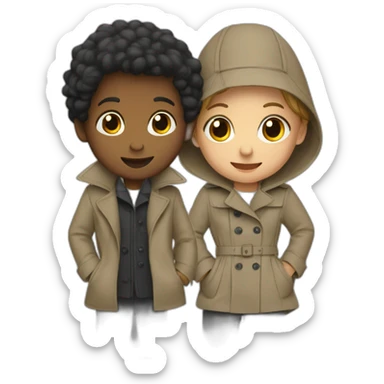 Two kids in one trench coat pretending to bé one person sticker