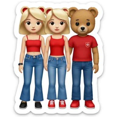 A boy and a girl teddy bear for the boy bear put on true religion shirt and jeans with black shoes and for the girl put flare jeans and a red tube top and white shoes just bears not the humans  sticker