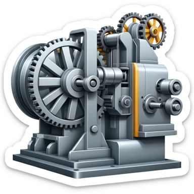 An icon featuring a giant machine tool in a factory, manufacturing machines. The design includes gears, mechanical parts, and a production line, representing the art of mechanical engineering and industrial design. Transparent background highlights precision engineering and manufacturing processes. sticker