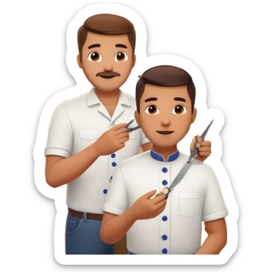 Inside a cozy barbershop with soft lighting, an experienced barber gently teaches his apprentice, guiding his hands as they cut hair together. The room is filled with warmth, plants hanging from the ceiling, and the hum of clippers sticker