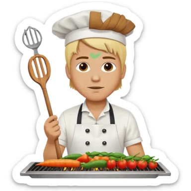 man with tied blond hair and and a white apron grilling vegetables on a sizzling grill sticker
