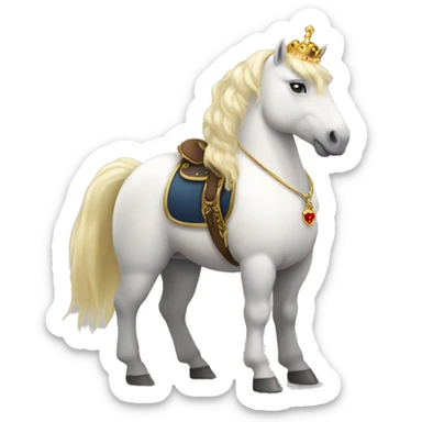 Fatty white pony with blonde hair. It needs to be a standing position, with a gold crown and lots of jewelry. It needs to have a red and gold saddle. Please add lots jewelry detail sticker