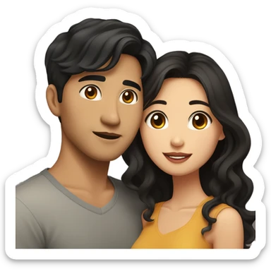 A half pale Asian man with short dark hair and amber eyes embracing and loving a half Asian woman with long wavy dark hair and dark hazel eyes. They love each other a lot And have good fashion taste. And are having a lot of fun sticker