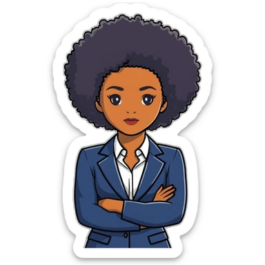 Elegant African career woman with natural curly afro hair, corporate outfit, professional demeanor sticker