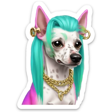 Punk tropical Chinese crested dog neon rainbow cyan green pink hair gold chain punk piercings tattoos punk ear piercings sticker