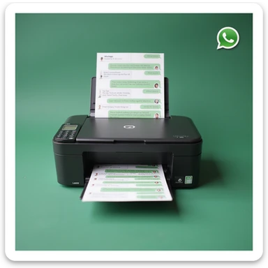 realistic thumbnail image for a WhatsApp print out service, featuring a printer outputting several pages of WhatsApp chat messages, with a phone and WhatsApp logo visible sticker