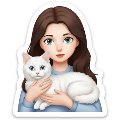 Brunette girl holding white Turkish angora cat with heterochromia sticker