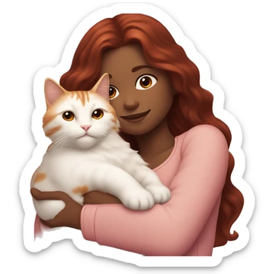 girl with long very dark red wavy hair and dark brown eyes and light pink outfit hugging a white & ginger cat  sticker