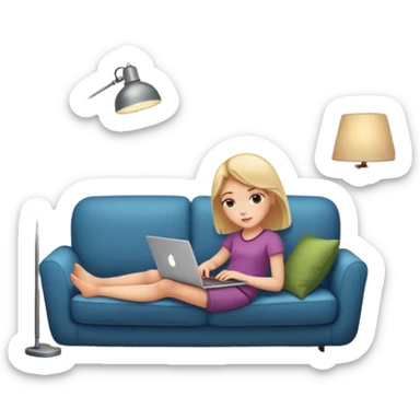 A girl is working with a laptop while lying on a sofa, with a floor lamp to the right. sticker