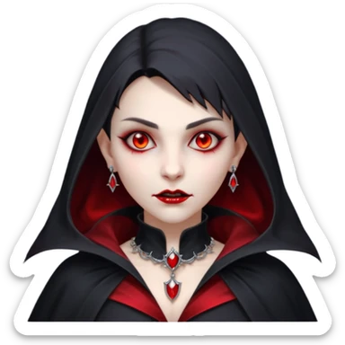 vampire village woman portrait, head and shoulders only, dark gothic cloak collar, sharp fangs, red glowing eyes, elegant yet eerie expression, subtle jewelry, 3D cartoon, mobile game icon style, clean background, no text, no watermark sticker