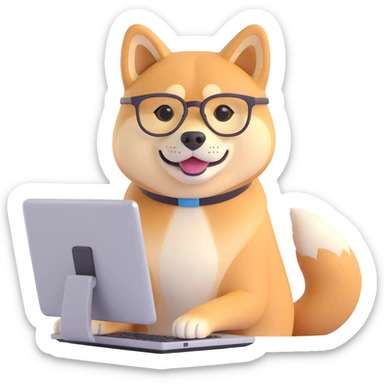 shiba inu with eye glasses and computer sticker