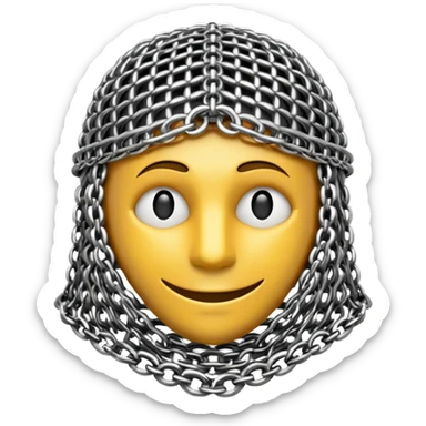 3D render of Medieval Coif, made of interlocking chainmail metal rings, wire mesh texture, visible holes and negative space, metallic silver and grey, high contrast shadows, emoji style, isolated on white background --v 6.0. sticker