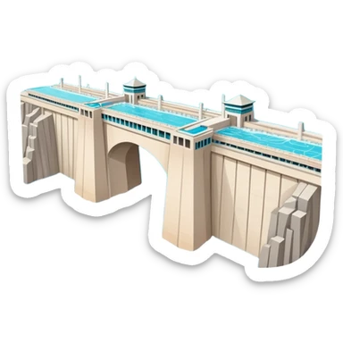 Yangtze River Three Gorges Dam massive structure, simplified emoji style with bold outlines and bright colors, cartoon style dam with water sticker