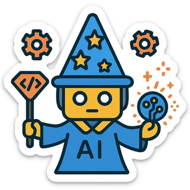vector style mini AI wizard with gears floating around, holding a code wand, circuit orb emitting magical automation sparks, flat color, tech-inspired design sticker