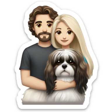 A couple, one very beautiful girl with very long volume hair brown and blond and one boy with perfect hair that hugs her and also hugs two black and white shih tzu sticker