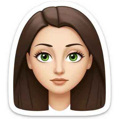 40 year old Adult woman avatar, light skin tone, oval face, long straight ashy brown hair, green almond-shaped eyes with dramatic eyelashes and minimal eyeliner, neutral mouth, medium straight eyebrows, small nose, smooth skin sticker