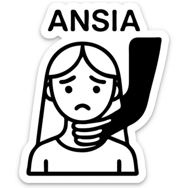 Stylized woman in black and white with an anxious expression, a large black shadow gripping her, text 'ANSIA' above the head, similar style to the reference, variant 5. sticker