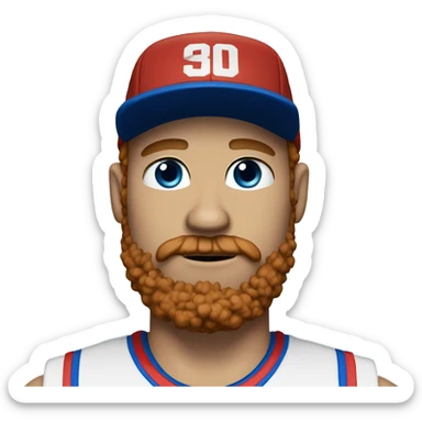 35 years old, male, short curly red hair, black basketball hat, blue eyes, pale complexion, thick beard and thin mustache sticker