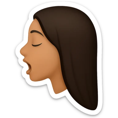 Create a side view (profile) of this woman's head in the normal iPhone emoji style, with closed eyes and an open mouth, smooth shading, no outlines, and long dark hair. Variant 3. The style should replicate the smooth shading and no outlines typical of the iPhone emoji style. sticker