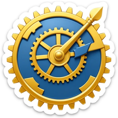 Un libro azul navy con detalles dorados, bordes metálicos y un gear dorado con una flecha ascendente como productividad en la portada, irradiando productividad, estrategia y éxito en movimiento sticker