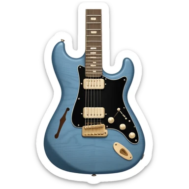 A gray-blue electric guitar with a black pick guard and only one volume knob  sticker