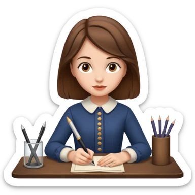 a girl is Writing in a Paper in a vintage outfit with old type pen  sticker