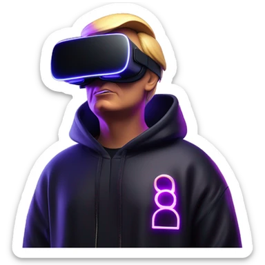 Donald Trump wearing a black hoodie with "OMG" letters on it and VR headset oculus quest 2 in a cyberpunk VR environment with violet neon lighting. sticker