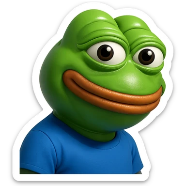 pepe in
- 3d style
- bright green
- blue shirt
- smiling
- looking straight at the camera
- good highlights and shadows
- 30deg angled towards the left sticker