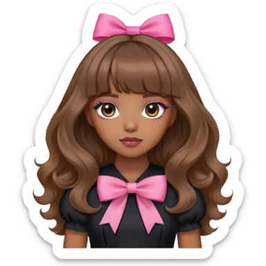light brown skin, wavy long hair with curtain bangs and douyin makeup and a pink bow on hair,  black dress. sticker