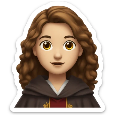 12 year old girl with brown hair past her shoulders with blueish grayish eyes wearing a gryffindor robe sticker