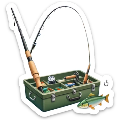 Icon for Fishing Travel: a fishing rod, tackle box and a boat on a calm lake surrounded by mountains and lush greenery, with fish jumping out of the water. The icon should capture the peaceful and adventurous nature of fishing trips. Transparent background. sticker