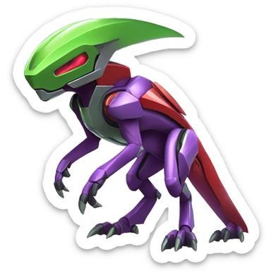 a shiny purple-green-red Genesect-Raptor-Fakémon—hybrid with a futuristic visor-helmet full body sticker