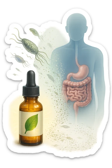A realistic, high-quality medical illustration showing microscopic parasites leaving the human intestines, symbolically dissolving and breaking apart, after the intake of natural kinesiological drops. The drops are shown in a small amber glass dropper bottle in the foreground with a green leaf on the label, emitting a subtle glow symbolizing detox and cleansing. The background depicts a semi-transparent human silhouette with a highlighted digestive tract, showing clean, healthy intestines, while parasites in translucent fading colors are moving out, symbolizing elimination. The atmosphere is clean, fresh, and conveys a sense of natural healing, detoxification, and hope. sticker