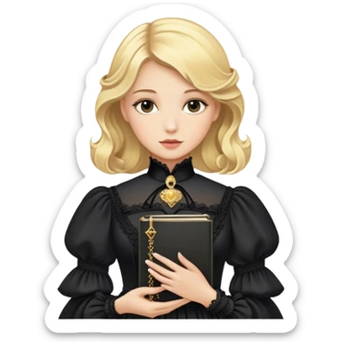 Blonde model wearing a black Victorian gown clutching a golden notebook sticker