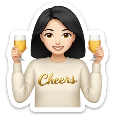 A woman with longer black hair, light to medium skin tone, full cheeks, and almond-shaped eyes, wearing a simple white sweater with the word 'cheers' in gold script, joyful and radiant expression, cheerful, emoji style, just her torso, no hands, no cups. sticker