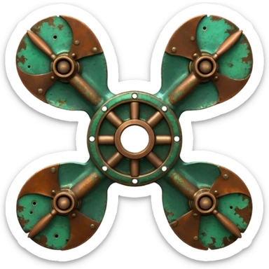 3D render of Ship Propeller, heavily oxidized copper texture, verdigris patina, Bronze blades with green barnacle/rust spots, weathered bronze aesthetic, ancient decay, emoji style, isolated on white background --v 6.0. sticker