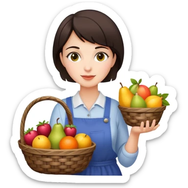 A short haired brunette girl who works as a shopkeeper that loves fruits and sells fruits sticker