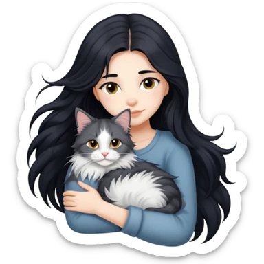 A beautiful girl with fair skin and long black hair hugs a Maine Coon girl sticker