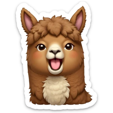 Cinematic Cute Yawning Brown Alpaca Portrait Emoji, Head tilted slightly with a dramatic, wide-open yawn, showcasing a soft, plush brown fleece with gently drooping ears, round warm eyes barely open in drowsy contentment, Simplified yet irresistibly adorable features, highly detailed, glowing with a soft, cozy glow, high shine, relaxed yet expressive, stylized with a touch of whimsy, bright and endearing, soft glowing outline, capturing the essence of a sleepy yet affectionate alpaca, so drowsy it feels like it could stretch out of the screen and curl up for a nap! sticker