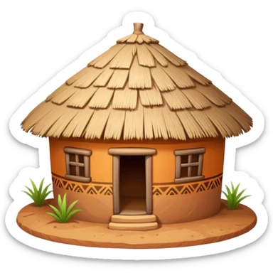 African mud hut tribal house, round adobe clay house, thatched roof, warm sunlight, colorful tribal patterns, cute mobile game icon, 3D cartoon, high detail, clean background sticker