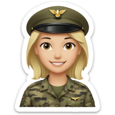 Apple-style emoji: female soldier, bust, no cap/helmet, friendly smile, generic camo top, blonde  black color hair sticker
