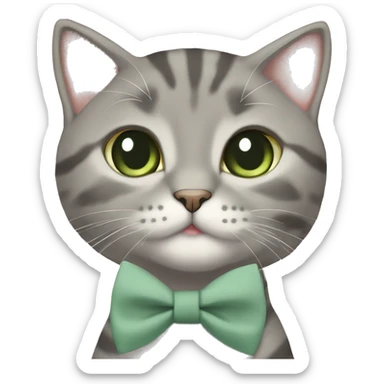 Aesthetic round-faced grey tabby British short hair full body cat with sage green bow tie sticker