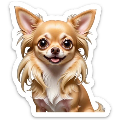 Cinematic Comical Long Haired Fawn Chihuahua Portrait Emoji, Head tilted dramatically with an exaggeratedly shocked or offended expression, long, silky fawn hair flowing with a vibrant sheen, wide, expressive dark eyes filled with exaggerated disbelief, Simplified yet hilariously expressive features, highly detailed, glowing with a slightly sassy glow, high shine, dramatic yet playful, stylized with an air of attitude, bright and endearing, soft glowing outline, capturing the essence of a sassy and over-the-top companion, so meme-worthy it feels like it could side-eye its way into internet fame instantly! sticker