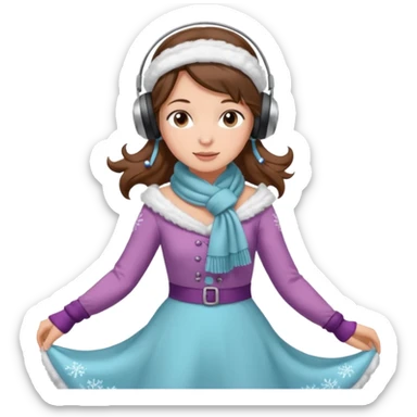 Victorian ice skater in a long dress. She is wearimg a scarf and earmuffs. She has brown hair. sticker