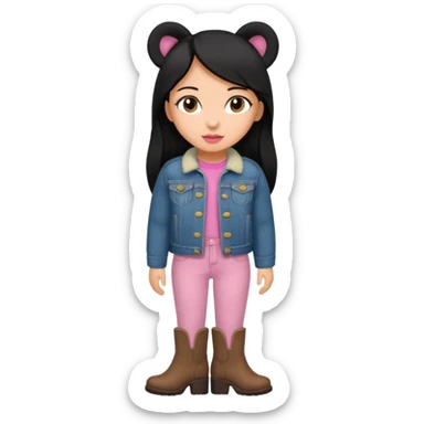 Gordita, ojos pequeños de color cafe oscuro, labios pequeños y rosados, piel trigueña, orejas pequeñas, cabello largo lazio y negro, pequeña. cuerpo completo. vestida con saco de lana jean y botas color café sin orejas sticker