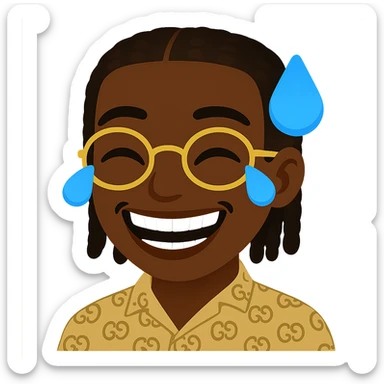 Create an emoji of a laughing face with tears of joy in the general style. The face should be slim, not big, with well-defined, natural white teeth. Keep the same braided hairstyle with the same implantation, volume, and shape. Include the same golden glasses and the same patterned shirt. Maintain the same black skin tone as the provided emoji. The background should be transparent. Respect the general style of the original emoji. sticker