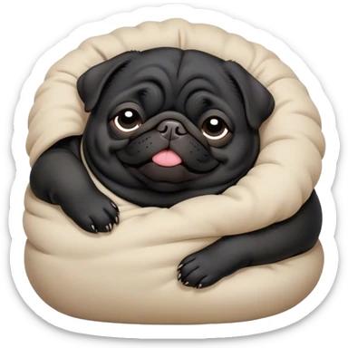 Cinematic Meme-Worthy Chubby Sleeping Black Pug Portrait Emoji, Head resting peacefully with a contented smile, showcasing a delightfully chubby build and a luxuriously soft black coat, eyes shut in a serene nap, Simplified yet hilariously adorable features, highly detailed, glowing with a soft, drowsy light, high shine, relaxed and utterly lovable, stylized with an air of playful laziness, bright and heartwarming, soft glowing outline, capturing the essence of a comically sleepy companion, so meme-worthy it feels like it could instantly become the next viral sensation of adorable slumber! sticker