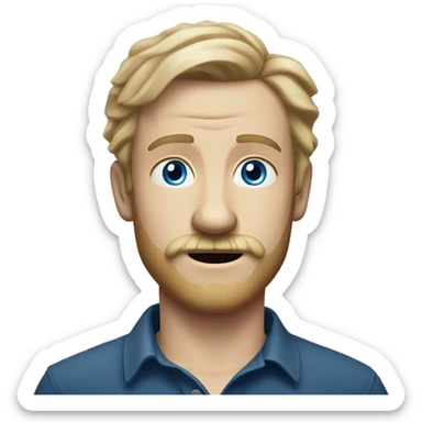 white man with dirty blond hair light beard with mustache little piece of hair that bends over middle part, British expressions, spooky blue eyes sticker
